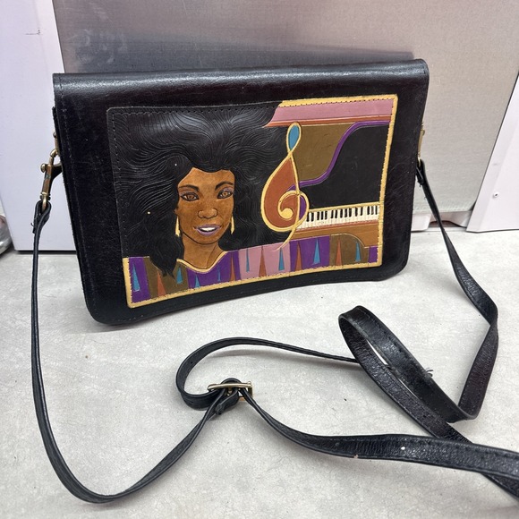 INCREDIBLE‎ 1960s Vintage Tooled Black Leather & Painted Leather Crossbody Purse